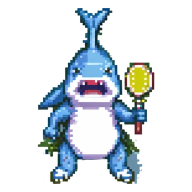 a pixel art shark with tennis shoes, standing upright sticker