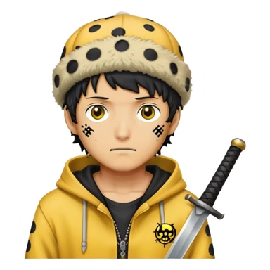 Trafalgar Law with spotted hat, yellow hoodie, nodachi sword sticker
