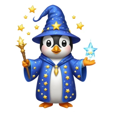 penguin wizard casting a sparkling spell wearing a starry robe and hat, emoji style sticker