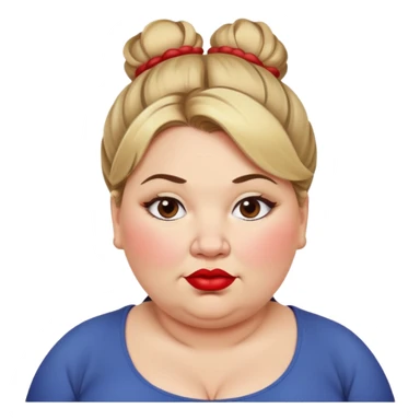 An overweight woman with a double chin dirty blonde hair in a messy bun with red lipstick sticker