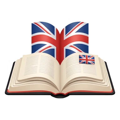 Minimalistic flat vector icon, iOS style, thin black contour on white background. Open book with a small UK/USA flag symbol. No text, no shadows. sticker