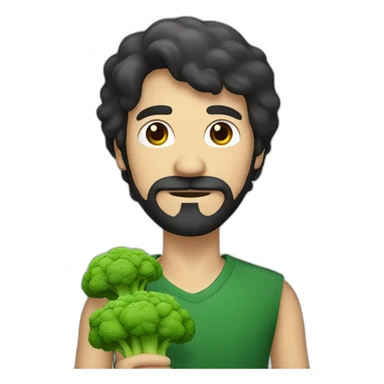 a slender mexican man with dark hair and light beard holding a broccoli sticker