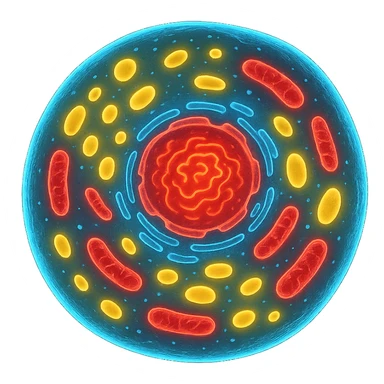 Zelle, deren Inhalt leuchtet in verschiedenen Farben (z. B. blau für Wasser, rot für Proteine, gelb für Lipide sticker