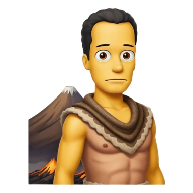a simpson guy wearing ancient animal skin cloth with volcano behind, half body, icon sticker