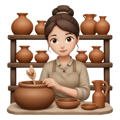 Brunette girl with a bun, behind the potter's wheel, wearing neutral clothing sticker