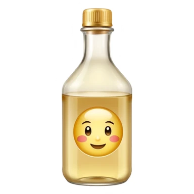 small upright bottle of rice vinegar with translucent pale golden liquid inside, clear slightly rounded bottle, short neck, light-colored cap, no label or branding, soft lighting, subtle shadows, emoji scale sticker