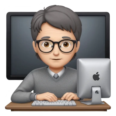 Profesor de pelo gris marrón oscuro con gafas un  jersey gris y un ordenador los óleos son marrones con poca cantidad de pelo sticker