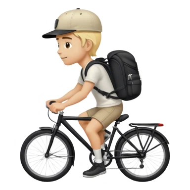 A blond guy in a cap and with a backpack on his back rides a black bike sticker