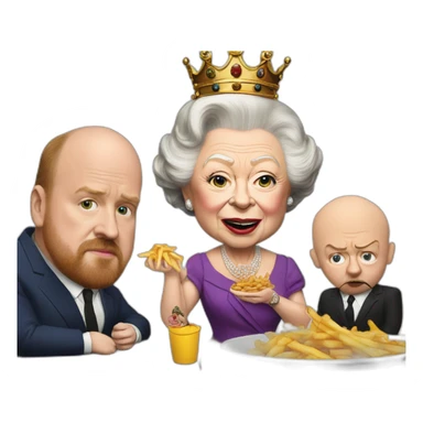 Queen Elizabeth II eating fries with louis c.k. And Warwick davis sticker