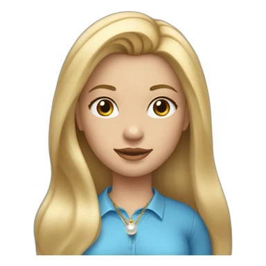 blonde girl with long straight hair dressed in a blue shirt with pearl earrings and a golden pendant sticker