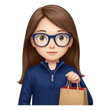 A little girl (he usually calls her baby), who is obsessed with shopping and luxury brands and holds a dozen of bags, she wears navy blue half zip sweater and holds 10 bags and she has long brown hair with Prada eyeglasses  sticker