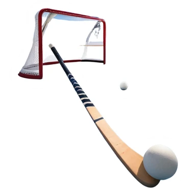 A ball and hockey stick resting on an ice rink, with the goalposts and clear markings in the background. The scene captures the unique nature of field hockey with a ball on ice, emphasizing the speed and precision of the sport in a cold, competitive atmosphere. sticker