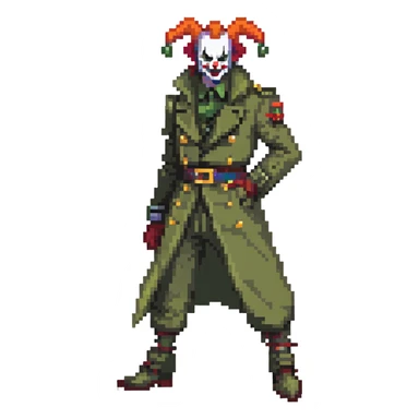 evil clown soldier, bald, small black horns on forehead, fangs, pointed ears, eye patch over one eye, long coat over black and military green clothes with bellbottom pants, tail, realistically proportioned, less bulky, full body, fighting stance sticker