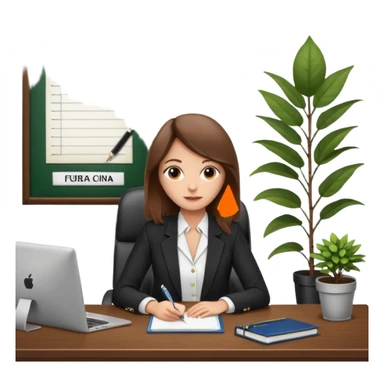 imagen de una mujer castaña en una oficina con escritorio, silla, notebook, agenda y una planta con un cartel que diga en español FUERA DE OFICINA sticker