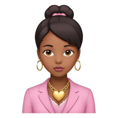 Black girl with straight hair down with baby edges and formal clothes that are pink for her interview and a gold heart necklace  sticker