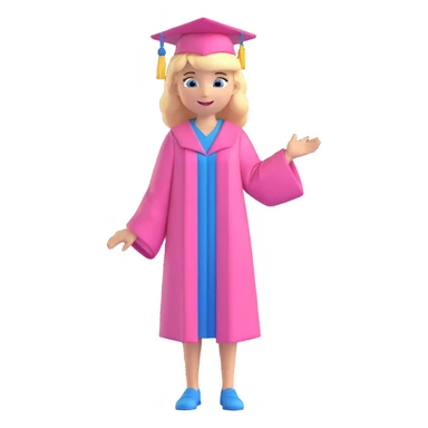 blonde hair blue eyed girl wearing a pink graduation cap and gown, full body, cheerful expression sticker