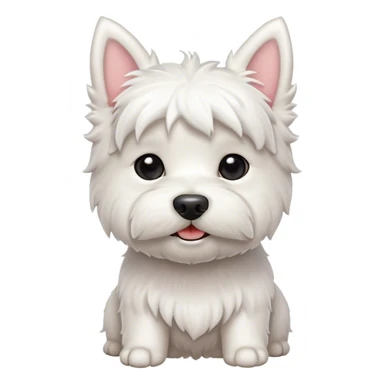 Cinematic Cute West Highland White Terrier Portrait Emoji, Head tilted playfully and inquisitively, featuring a fluffy, immaculate white coat with perky ears, round, sparkling dark eyes filled with curiosity, Simplified yet irresistibly adorable features, highly detailed, glowing with a warm, friendly glow, high shine, affectionate and lively, stylized with a touch of whimsy, bright and endearing, soft glowing outline, capturing the essence of a mischievous yet loving pup, so playful it feels like it could bound out of the screen and into your arms! sticker