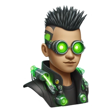 Mohawk hair with neon green highlights Asian male cyborg head with neon silver steampunk goggles and circuits sticker