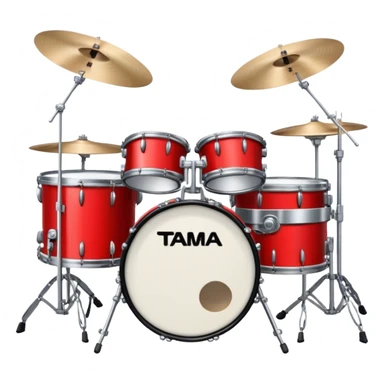 Create a powerful and dynamic emoji representing a TAMA drum kit with two bass drums. The design should feature two prominent bass drums positioned in the center, with snare drums, toms, and cymbals arranged around them. Add drumsticks crossing over the drums to symbolize action and rhythm. Use bold colors like black, silver, and red to emphasize the high-performance nature of the TAMA kit. The background should be transparent. sticker