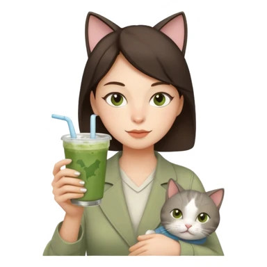 a brunette woman in here 30S drinking an iced matcha, carrying a grey cat and a map of the world sticker