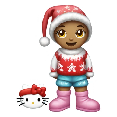 hello kitty wearing a hello kitty Christmas sweater sweats and uggs with a Santa hat on sticker