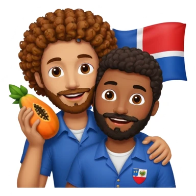 A very happy papaya with lipstick and eyelashes hugging a medium dark skinned curly hair man with a beard and Dominican flag on his shirt   sticker