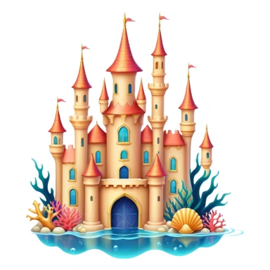 Ariel's underwater castle from The Little Mermaid, golden spires, colorful coral, seashell architecture, bubbles sticker