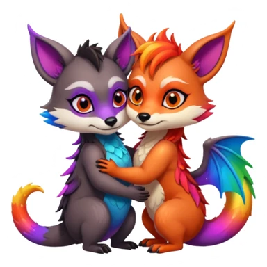 black female raccoon dragon hybrid with rainbow colored wings and purple eyes hugging a red female fox dragon hybrid with rainbow colored wings and orange eyes sticker