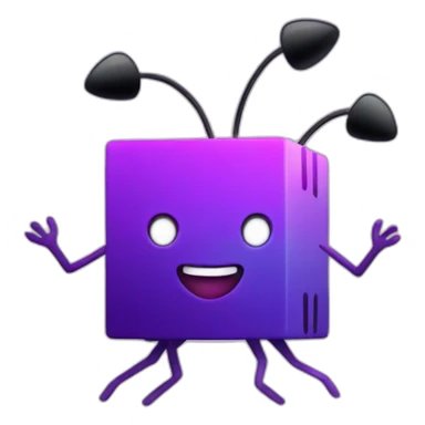 purple gradient colored cube with 2 long hands and long legs with an antenna as a hat and a smile sticker