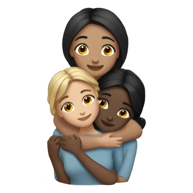 Three friends girl friends !  hugging each other warmly. One friend has fair skin and straight black hair, another has dark skin with black hair styled in a low bun, and the third has tan skin with wavy black hair.” sticker