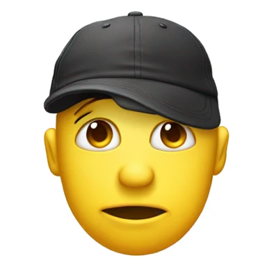 yellow face emoji with back words hat, biting lip, pinching chin with thumb and pointer finger, eye brows raised, and eyes are squinting a sticker