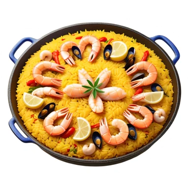 cinematic-realistic-paella-dish-emoji,-depicted-as-a-vibrant,-aromatic-rice-dish-loaded-with-seafood,-chicken,-and-saffron-rendered-with-rich-textures-and-dynamic,-warm-lighting with a lemon slice in the middle sticker