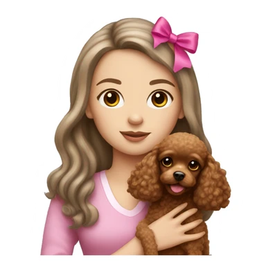 White girl with long brown hair holding a toy poodle with pink bow sticker