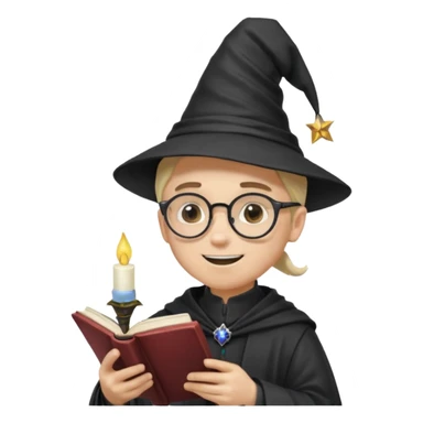 ["A happy boy with light skin, ponytail, wearing a wizard hat and square glasses, dressed in goth fashion, is reading a book while holding a phone."] sticker