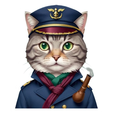 Gray tabby cat dressed as a captain, serious expression, dark blue captain's jacket, burgundy scarf, captain's cap, holding a pipe. Detailed tabby cat pattern, large expressive emerald green eyes. Intent and focused gaze. Accurately rendered fur textures, realistic lighting emphasizing facial features. Dark blue jacket with buttons. Detailed burgundy scarf tied in layers around the cat's neck. The perspective is a slightly raised medium ground focusing on the cat's muzzle and upper body. Serious and dignified mood conveying a sense of power. Realistic depiction of a cat in a naval suit. Photorealistic style. sticker
