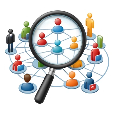 An icon featuring a group of diverse people, a social network diagram, and a magnifying glass, symbolizing sociology. The design includes charts and interconnected lines, representing the study of societies, relationships, and social behavior. Transparent background highlights social analysis. sticker