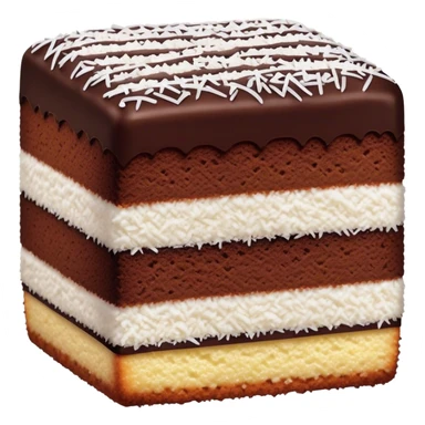 Lamington Cinematic Realistic Lamington Dessert Emoji, depicted as a sponge cake square coated in chocolate and dusted with coconut on all sides, rendered with lifelike textures and vibrant, tropical lighting. sticker