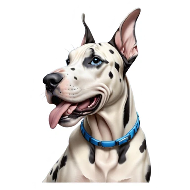 Cinematic Cute Yawning Harlequin Great Dane Portrait Emoji, Head tilted slightly with a dramatic, wide-open yawn, showcasing a smooth coat of predominantly white with bold black patches, floppy ears slightly drooping, round blue eyes barely open in drowsy contentment, Simplified yet irresistibly adorable features, highly detailed, glowing with a soft, cozy glow, high shine, relaxed yet expressive, stylized with a touch of whimsy, bright and endearing, soft glowing outline, capturing the essence of a sleepy yet affectionate guardian, so drowsy it feels like it could stretch out of the screen and curl up for a nap! sticker