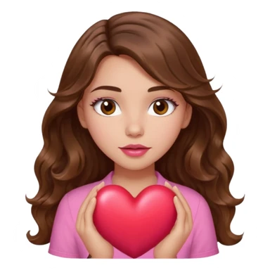 girl with long wavy brown hair, brown eyes, light to medium complexion, in a pink shirt, pink lips, long lashes, squeezing a big heart sticker
