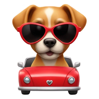 Dog with heart sunglasses and riding in a red car sticker