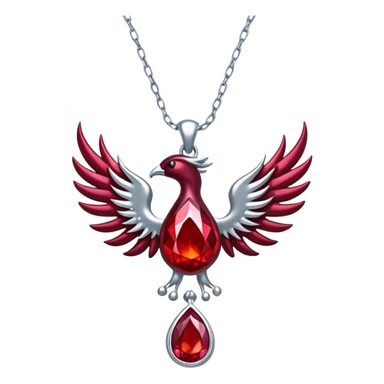 phoenix-inspired ruby pendant with cosmic aura, deep red glow, silver chain undulating like water sticker