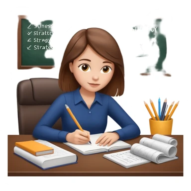 a girl with brown hair on a desk writing on a note book with a lot of papers around and on the papers is writing business strategy  sticker