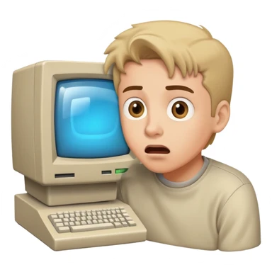 Young man with surprised expression looking at a very old, bulky desktop computer from the 1990s with CRT monitor sticker