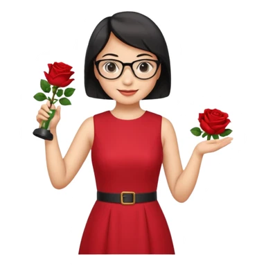 female asian chemistry teacher wearing glasses holdin a flask pointing right with straight short hair to her shoulders wearing a red dress with roses on it and black hair and make the glasses more retangle and make her hold a flash with one hand and with the other point right and make her smile sticker
