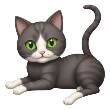 dark grey cat with green eyes, white toes/paws and white patch on her chest playfully rolling upside down sticker