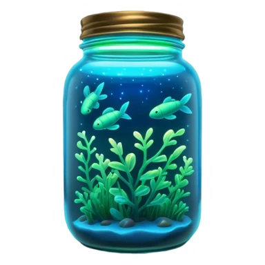 3D render of Firefly Jar, bioluminescent deep sea style, glowing neon blue and green lights, dark background to contrast the glow, translucent organic textures. sticker