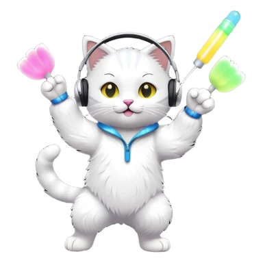 cat dancing with headphones, glow sticks, college party atmosphere sticker