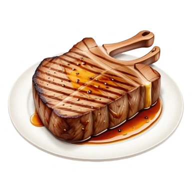 Cinematic thick-cut scotch t-bone steak, perfectly seared with grill marks, a grilled center, rich and savory, warm glow, sizzling and mouthwatering, highly detailed and appetizing. sticker