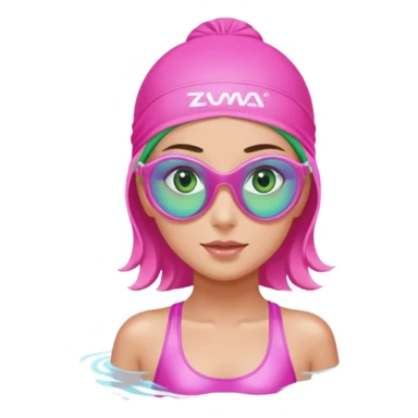 pretty girl with green eyes pink swim cap holographic swimming glasses and cute profesional swimmer pink swimsuit without her hair visible sticker