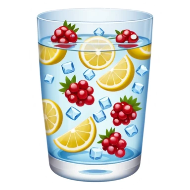 glass of water with floating berries, lemon slices, and ice cubes, emoji style sticker